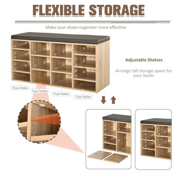 Dyzi 14 Compartment Shoe Storage Bench Removable Shelves Padded Seat Brown