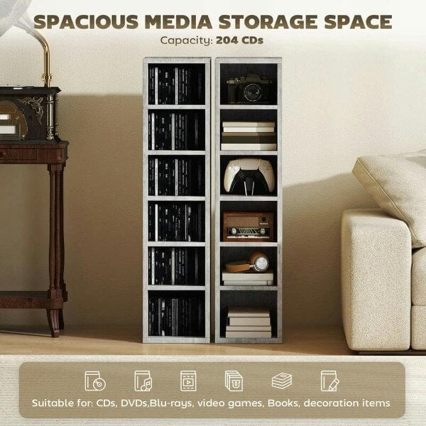 Bobobiy Set of 2 CD Media Display Shelf Unit Tower Rack with Adjustable Shelves, Grey