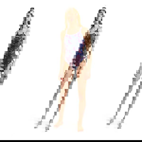 Navy and pink kikko pro challenge back swimsuit with geometric pattern