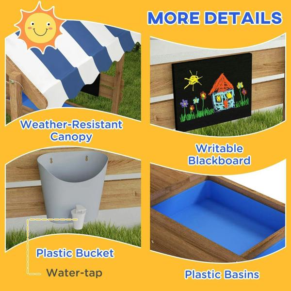 Wooden sandbox with striped canopy, writable chalkboard, and plastic bucket and basins