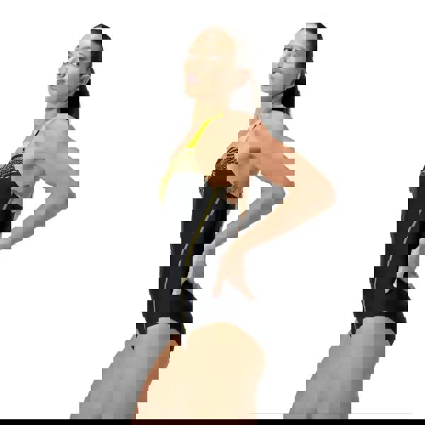 Black and yellow Speedo Medley Logo Medailst swimsuit with green trim