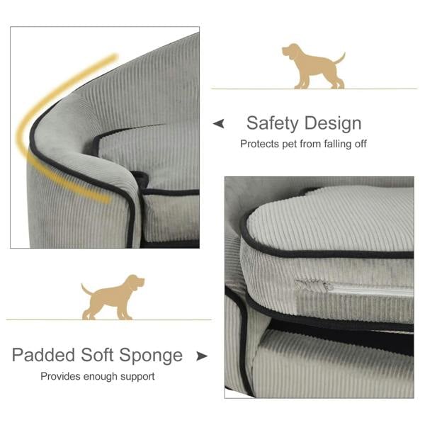Grey pet sofa bed corner with black-edged cushioning and reinforced side bolster