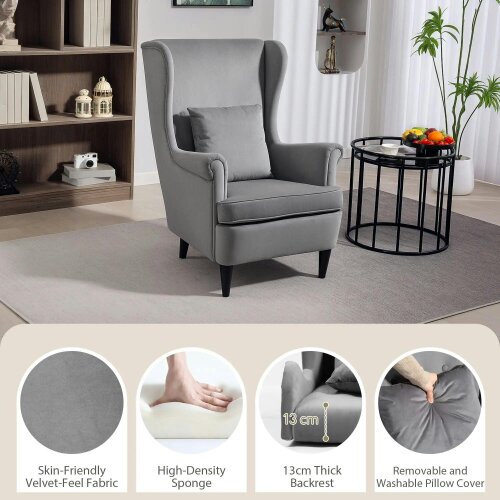 Bobobiy Modern Accent Chair, Velvet-Feel Fabric Reading Chair with Solid Wood Legs, Dark Grey