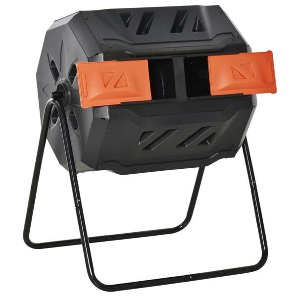 Orange dual-chamber rotating composter with two sliding doors and black metal stand