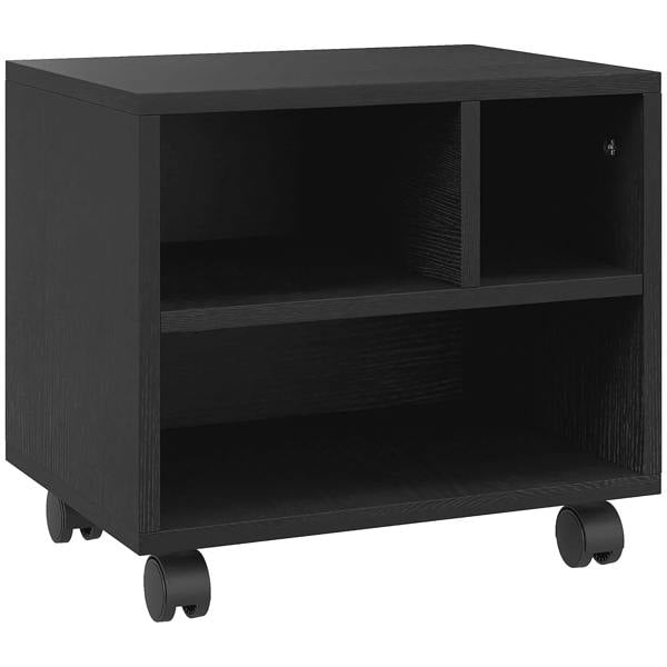 Black three-compartment printer cabinet with open shelves and caster wheels