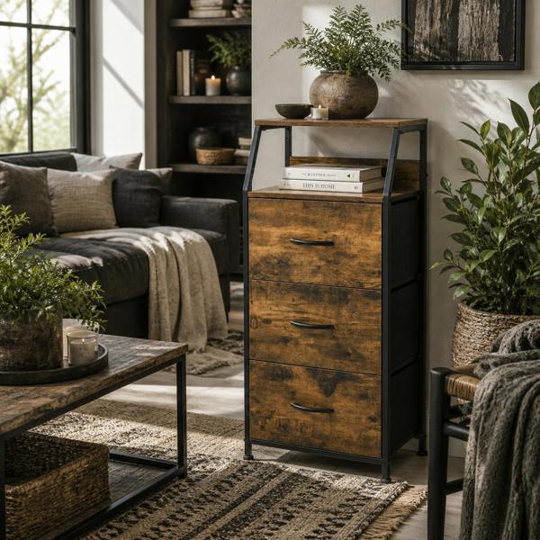 Wyld Haus Elsuve Metal And Fabric Rustic Brown 3 Drawer Storage Chest With Display Shelf