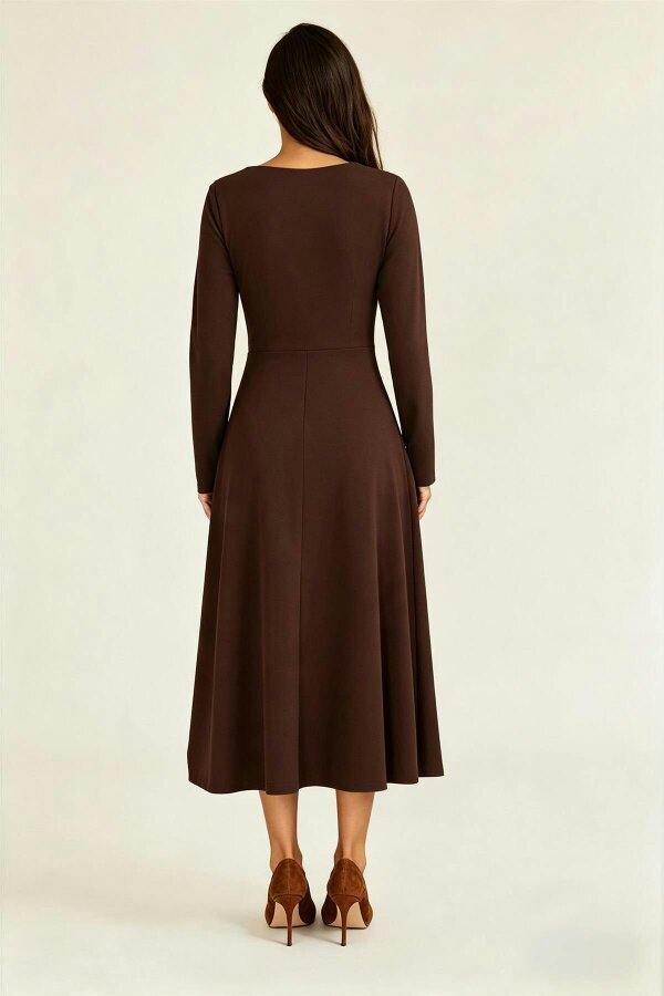 FS Collection Square Neck Long Sleeve Fit & Flare Midi Dress Espresso