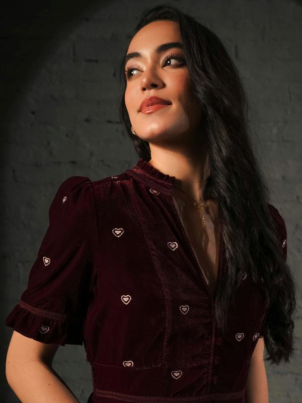 Rose & Nancy Sara Burgundy Heart Embroidered Velvet Dress