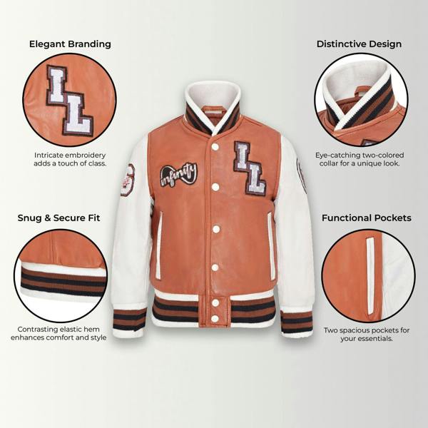 Infinity Leather Kids Letterman Leather Varsity College Bomber Jacket 3-13 yrs