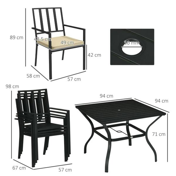 Black metal dining table and stackable chairs size diagram with measurements