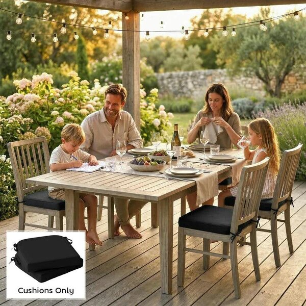 Outdoor Chair Seat Cushions Set of 2, Garden Chair Cushions with 7cm Thick Foam & Ties, Black