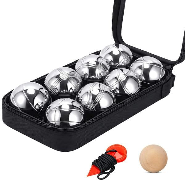 My Garden Outdoor Living French Boules Set - 8x Steel Bocce Ball with Wooden Jack. Measuring String & Zippered Carry Case For Garden Games