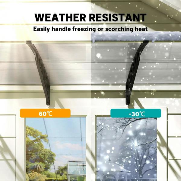 Clear door canopy with black curved frame, wall brackets, and weather-resistant cover