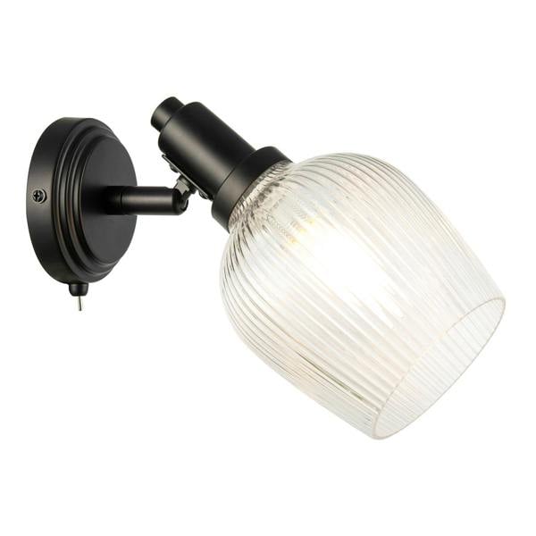 Classy Matte Black Switched Wall Light with Clear Ribbed Glass Shade Image 4