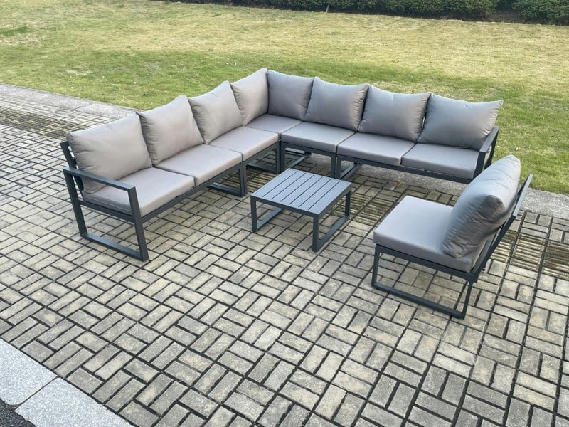 Fimous 8 Seater Patio Outdoor Garden Furniture Aluminium Lounge Corner Sofa Set with Square Coffee Table Dark Grey