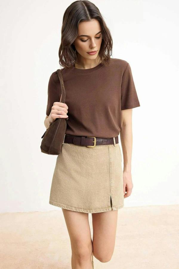 WOVCOR Denim Short Skirt with Slit