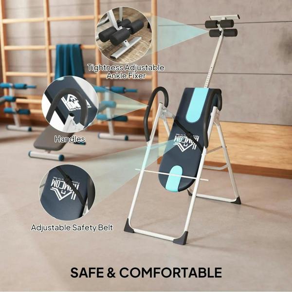 Foldable inversion table detail: adjustable handles, ankle fixer, and adjustable safety belt