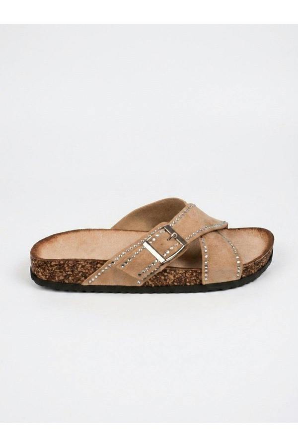 Ruby Womens Studded Criss Cross Slide Sandals - Khaki