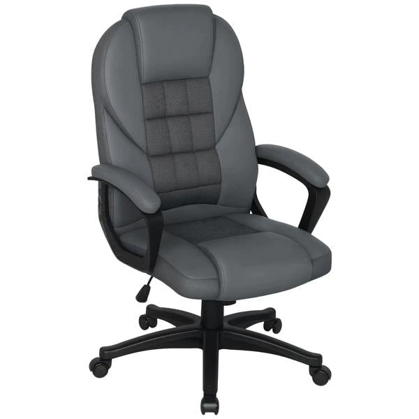 Charcoal grey faux leather office chair with high back, padded armrests, tufted seat, swivel casters