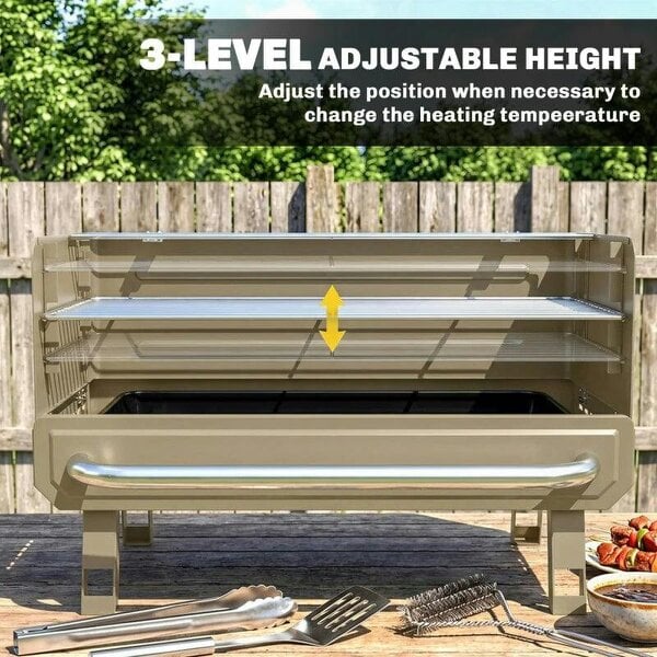 Bobobiy Portable BBQ Grill, Charcoal Barbecue Grill with Adjustable Grates, Foldable Legs, Side Shelf for Camping Travel, Khaki