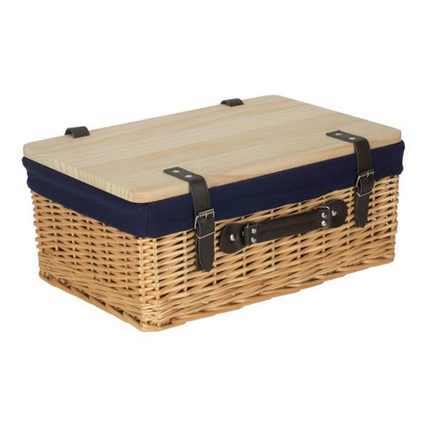 Buff Navy Lined Willow Picnic Basket with Pinewood Lid