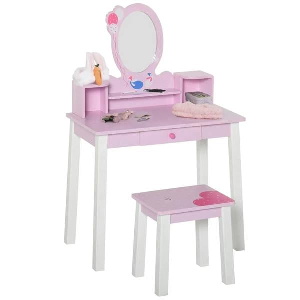 Kids pink wooden dressing table with oval mirror and matching stool, drawers and shelves