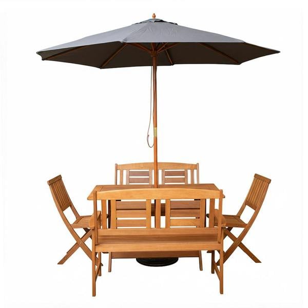 Samuel Alexander Outdoor 6 Person Folding Rectangular Wooden Garden Dining Table Chairs and 2 Benches Grey Parasol and Base set