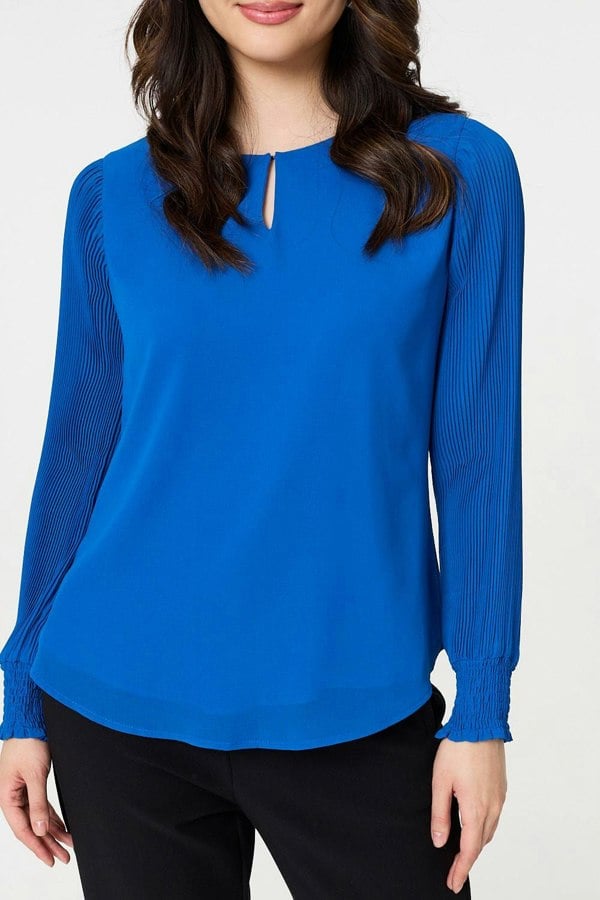Blue | Keyhole Cut-Out Neck Long Sleeve Blouse
