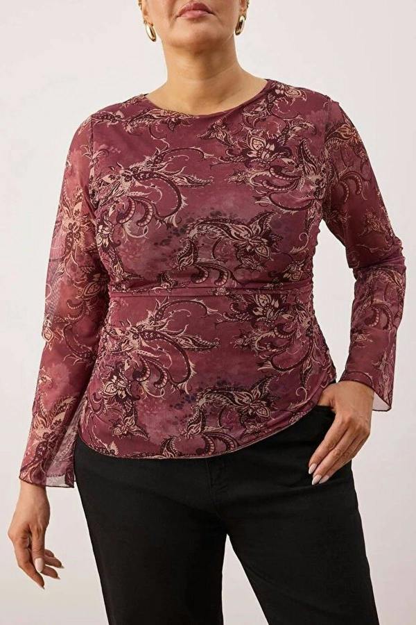 WOVCOR Shawl Pattern Boat Neck Asymmetrical Fitted Plus Size Blouse