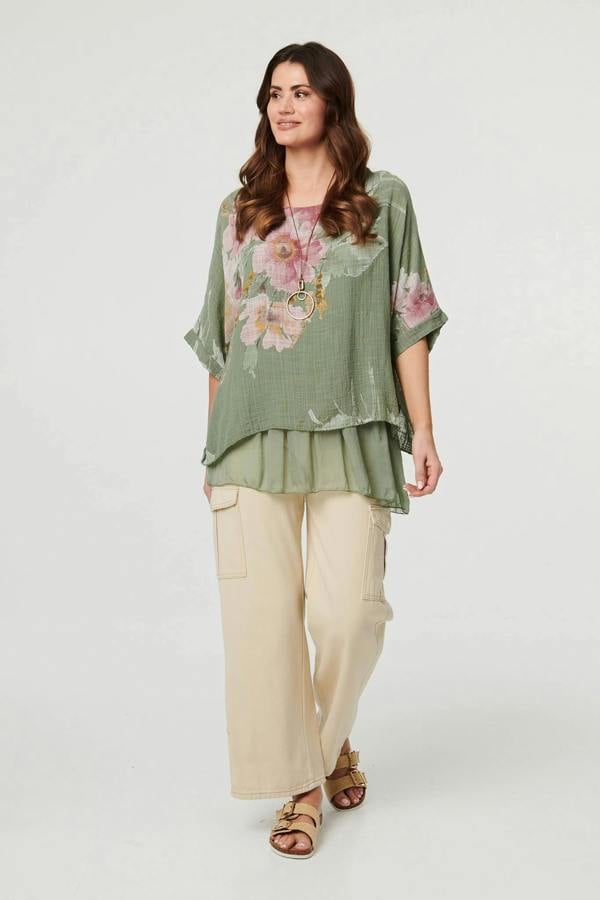 Khaki | Floral 3/4 Sleeve Layered Tunic Blouse : Model is 5'9"/175 cm and wears UK10/EU38/US6/AUS10