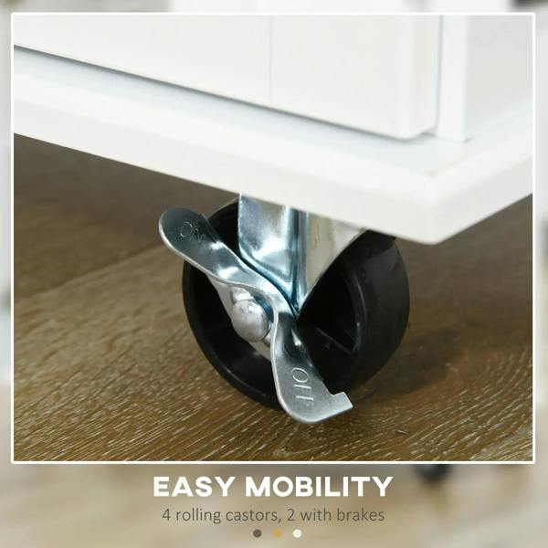 Rolling caster wheel with brake on the underside of a white kitchen island cart
