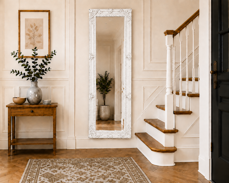 Downton Interiors Antique White Tall Ornate Dressing Wall Mirror with Bevelled Glass 142cm