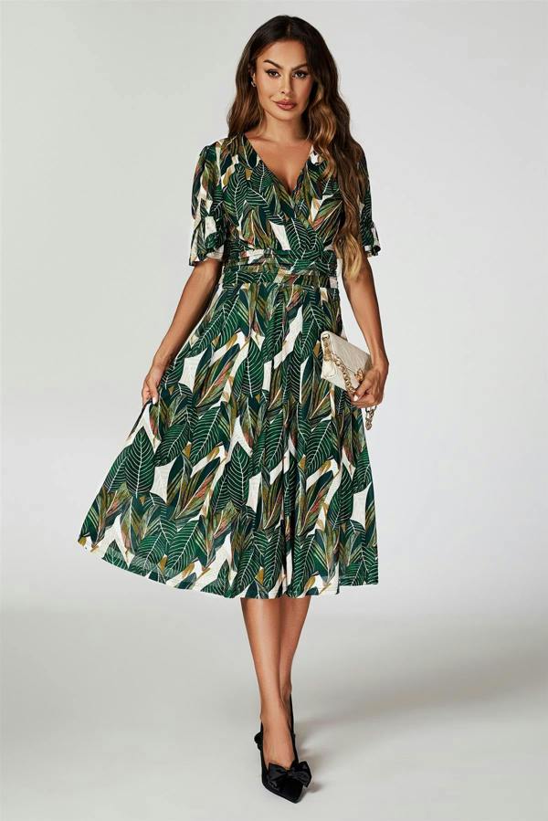 FS Collection Leaf Print Mesh Midi Dress In Green