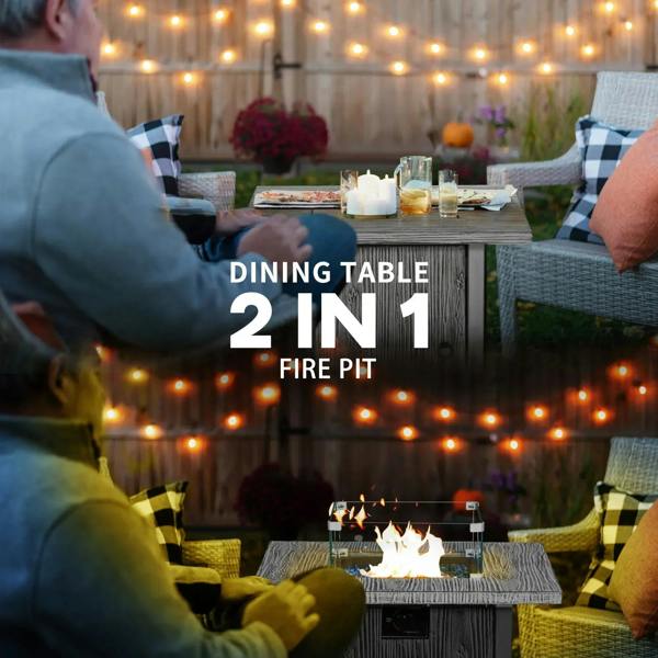 Grey gas fire pit table with glass screen and cover, flame centerpiece for outdoor dining