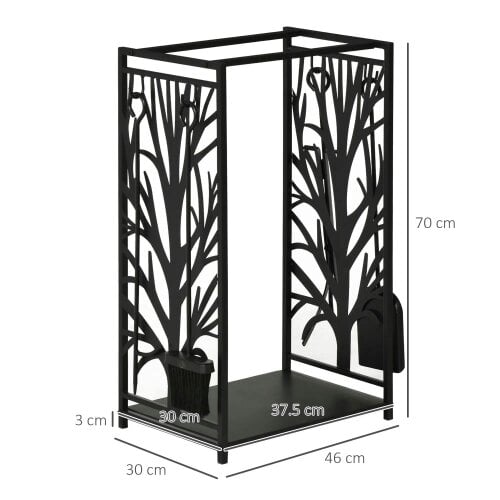 Bobobiy Steel Firewood Log Holder Firewood Rack Fireplace Wood Storage Shelf with 4 Tools, Tree Pattern Design, Black, 46W x 30D x 70H cm