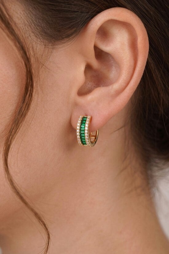 Latelita Baguette Huggie Hoop Earrings Emerald Green Gold