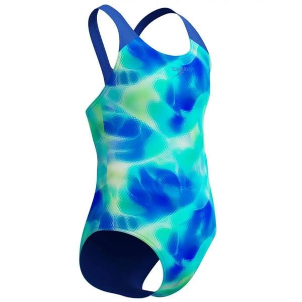 Vibrant blue teal printed splashback swimsuit by Speedo for girls