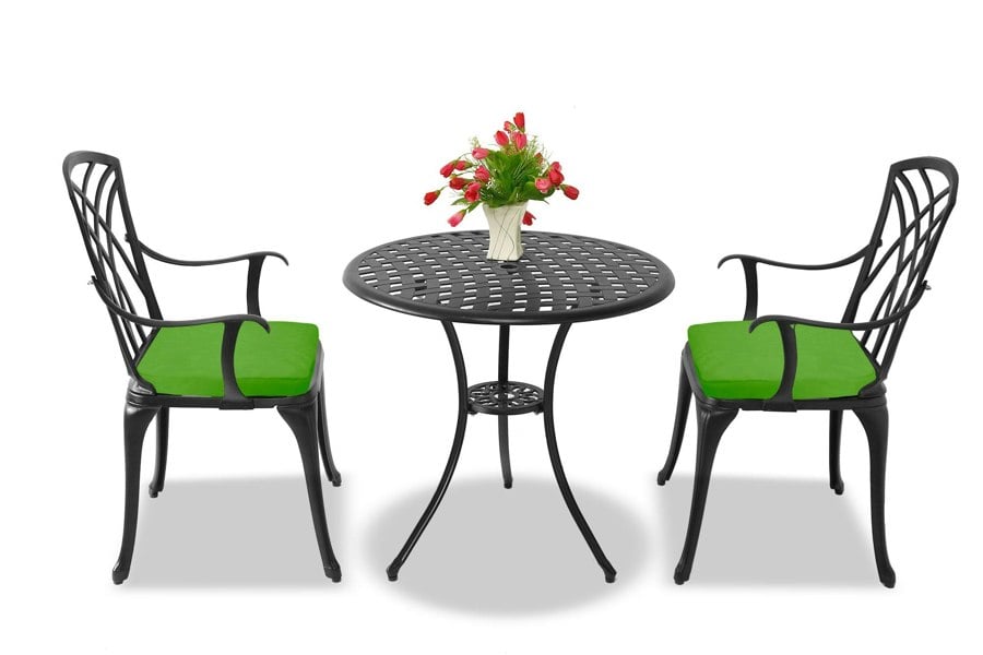 Centurion Supports OSHOWA Luxurious Garden and Patio Table and 2 Large Chairs with Armrests Cast Aluminium Bistro Set - Black with Green Cushions