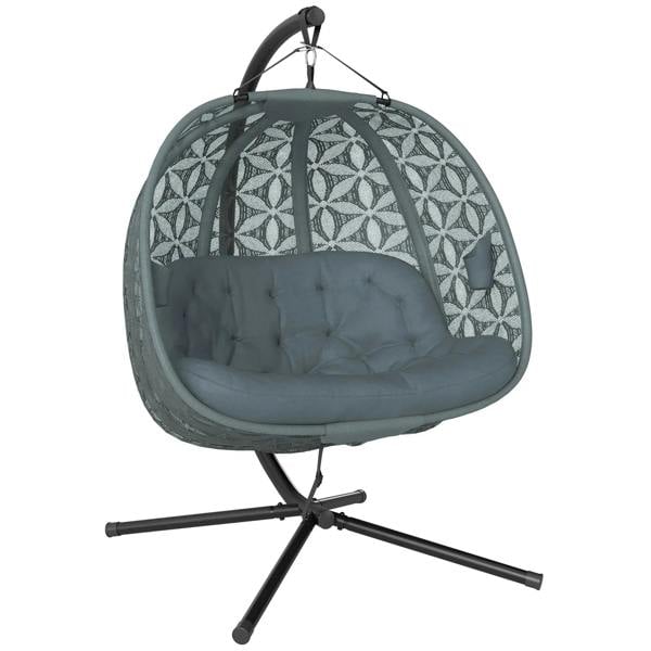 Charcoal grey double hanging chair with cushion, leaf-pattern fabric and stand