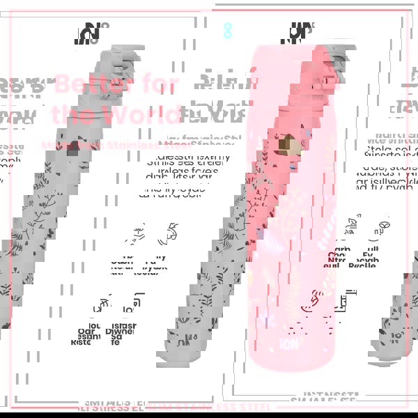 A pink stainless steel water bottle, sits against a white background; it features a floral design and is advertised as durable, recyclable, and dishwasher safe.