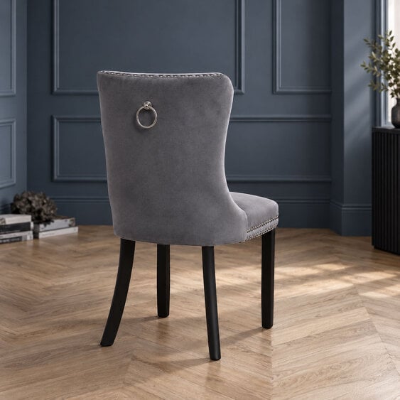Neo Direct Neo Set of Six Dark Grey Studded Velvet Dining Table Chair with Ring Knocker Detail