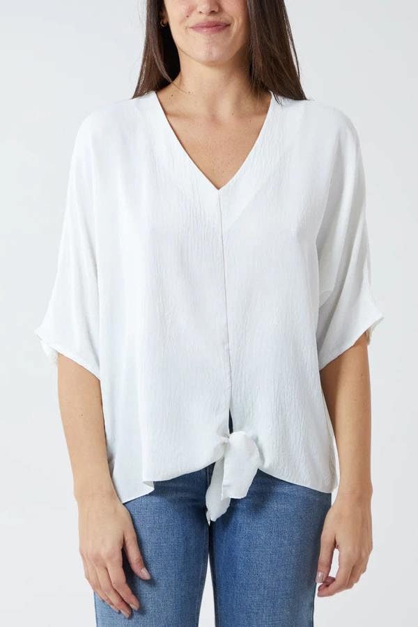Hoxton Gal Oversized V Neck Tie Detailed Top with 3/4 Sleeves in White