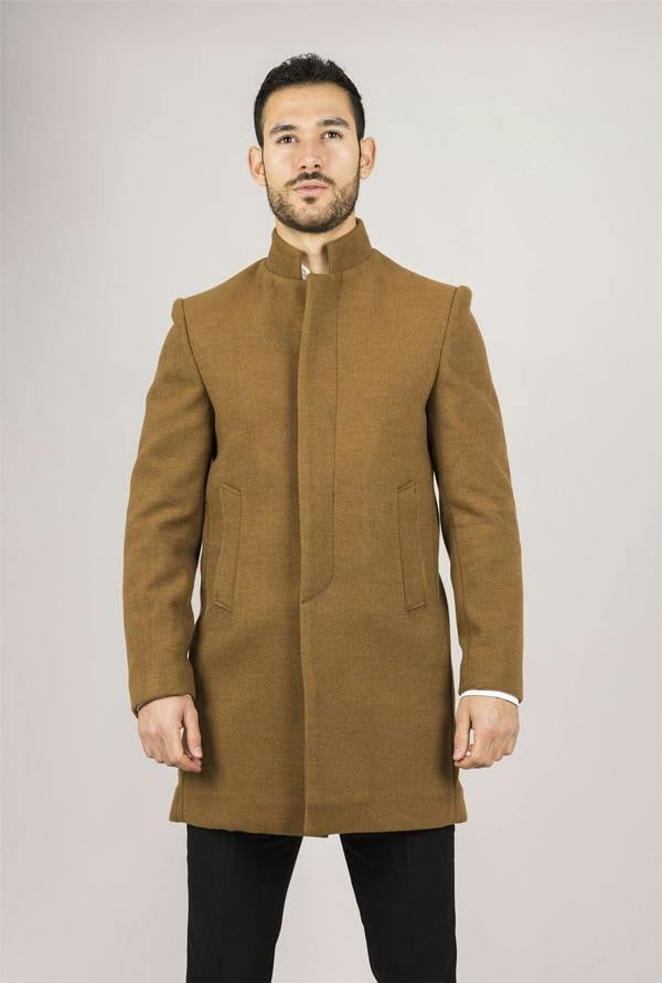 Infinity Leather Men's Tan Stand Collar Wool Blend Overcoat