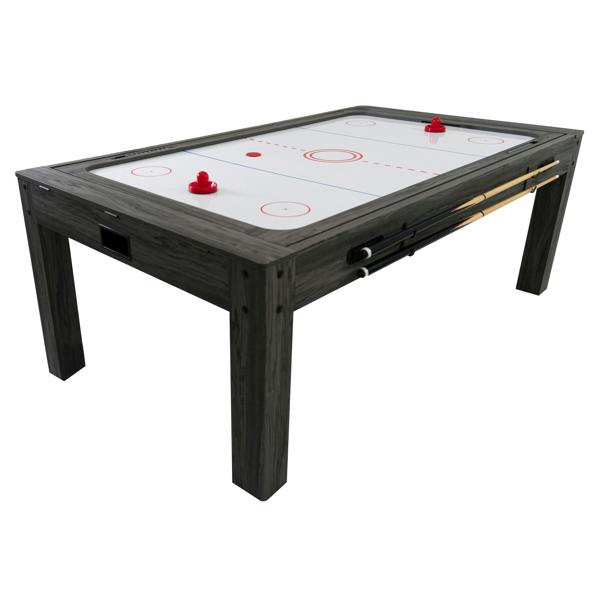 7-in-1 grey games table featuring air hockey surface, red pucks, and sleek wooden frame with built-in storage for cues and accessories