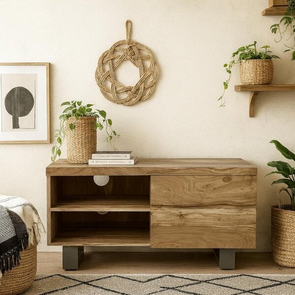 Wyld Haus Wellington Acacia Wood Modern Small TV Unit 2 Shelves 2 Drawers