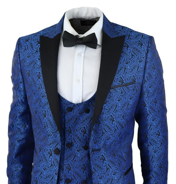 TruClothing Mens Blue Tuxedo Blazer Waistcoat Brocade Black Satin Paisley Dinner Jacket