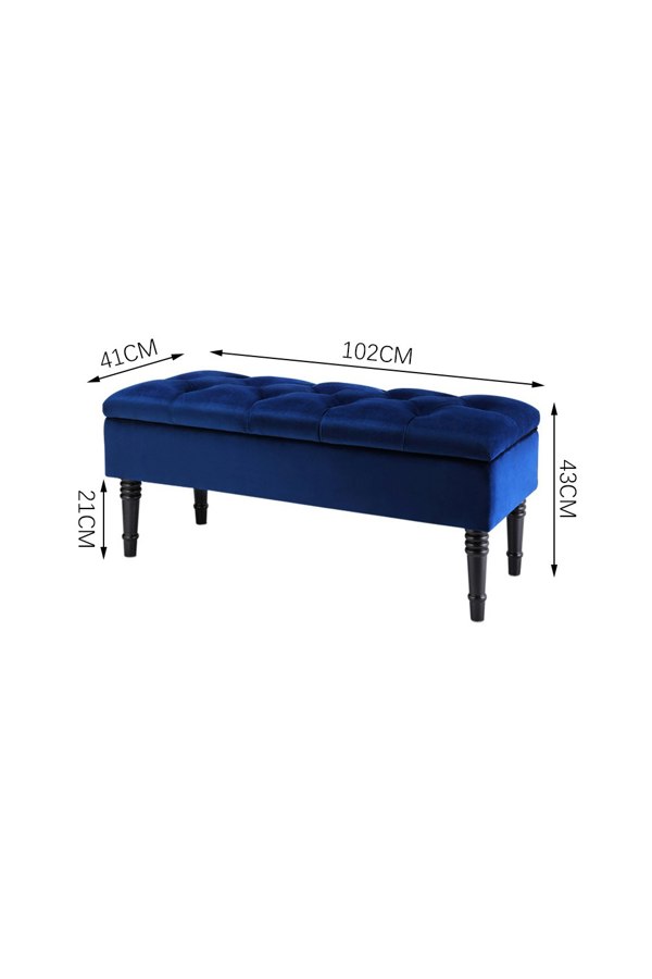 Living and Home Blue Buttoned Tufted Velvet Storage Ottoman Bench with Rubberwood Legs Luxury Bed End Stool