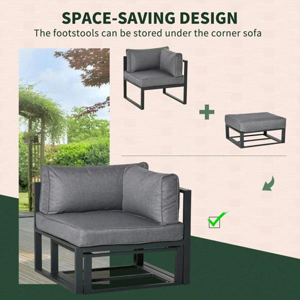 Grey outdoor corner sofa chair with thick seat cushion and matching ottoman