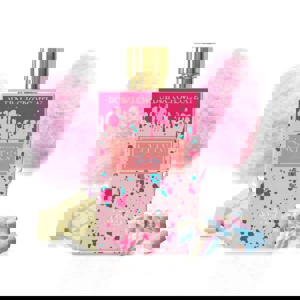 Anfar 1950 Cotton Candy Dubai Chocolate Extrait 80ML bottle with sweets and cotton candy