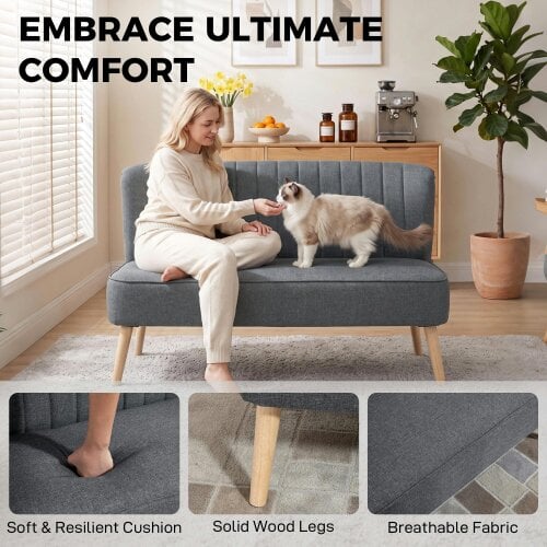 HOMCOM Linen-Look Double Sofa w/ Wood Frame Foam Padding Back, Dark Grey